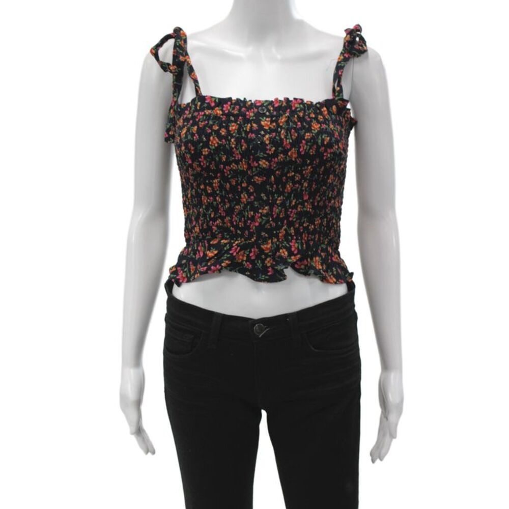 Lost + Wander Women Camisole Black Floral Square Neck Rayon Button Size XS